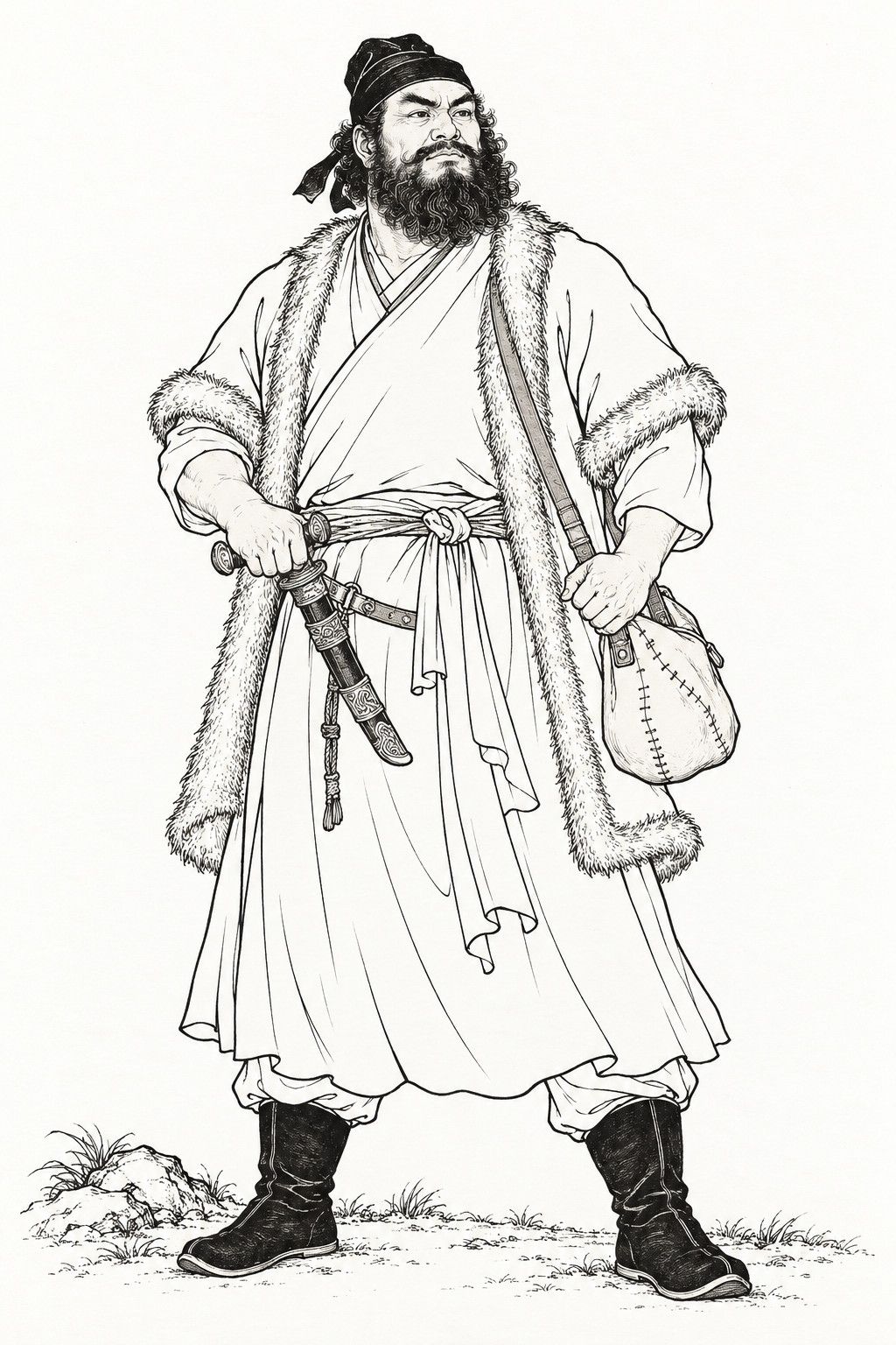 A line drawing in the manner of the character portraits of late-Qing lithographed novels: the Curly-Bearded Stranger stands full-length with his feet apart, a burly man with a thick curling beard, a soft cap, a fur-trimmed coat over a belted robe and boots, his right hand on the hilt of a short sword and a leather bag hanging from his left shoulder.