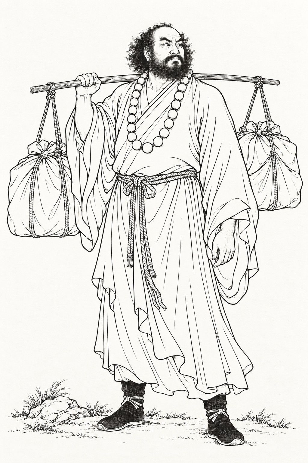 A line drawing in the manner of the character portraits of late-Qing lithographed novels: Sha Wujing stands full-length, a tall, solemn man with wild hair, a thick beard and a string of large prayer beads round his neck, in a plain monk’s robe tied with a twisted cord, a shoulder pole across his shoulder with a bundle of luggage hanging from each end.