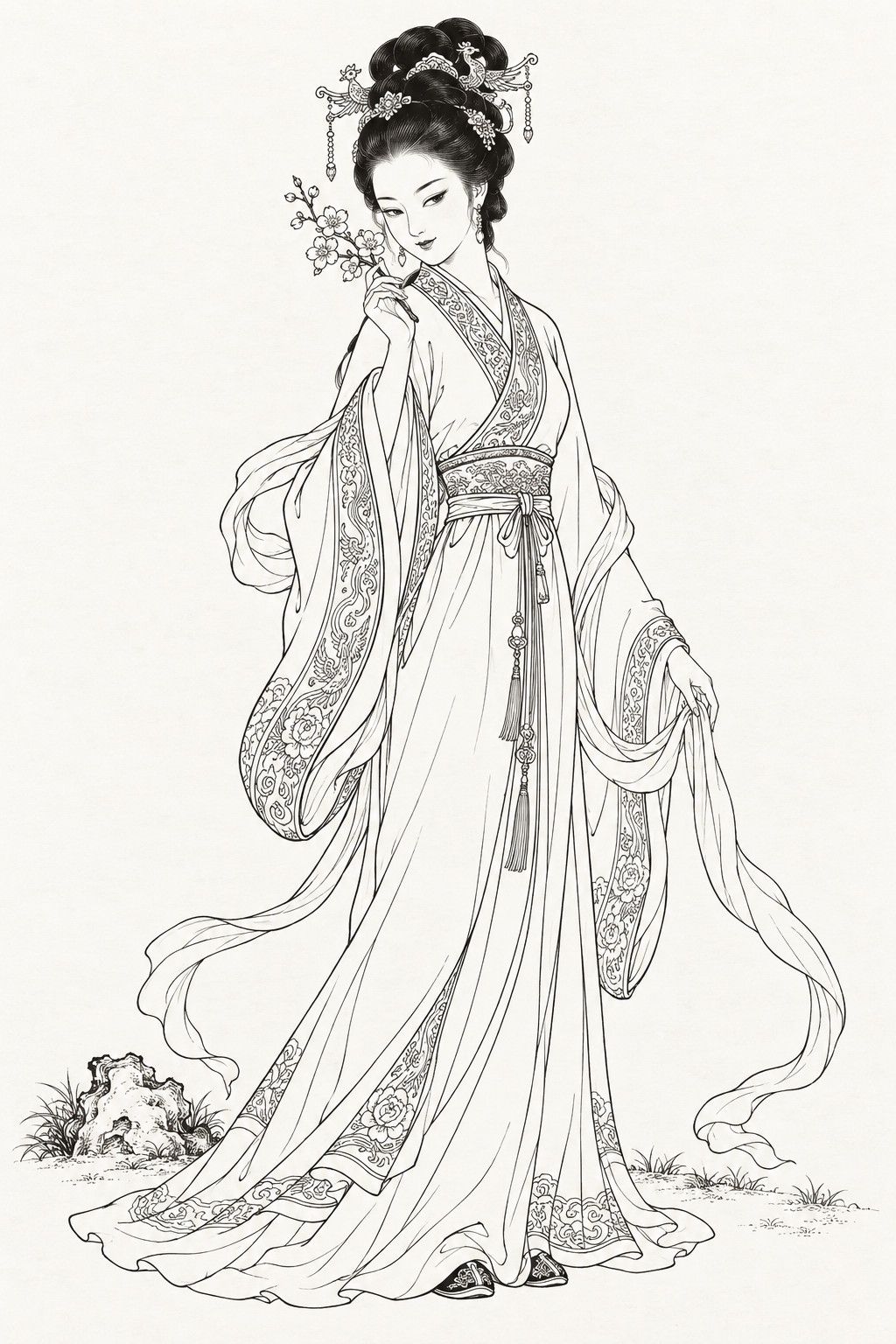 A line drawing in the manner of the character portraits of late-Qing lithographed novels: Su Daji, the king’s favourite, stands full-length as a lady of the palace, a slender young woman with an oval face and long phoenix eyes, her hair piled high with phoenix hairpins, in a cross-collared robe with trailing sleeves, a long skirt and a floating silk scarf, her head tilted in a sidelong glance as she holds a sprig of blossom near her cheek.