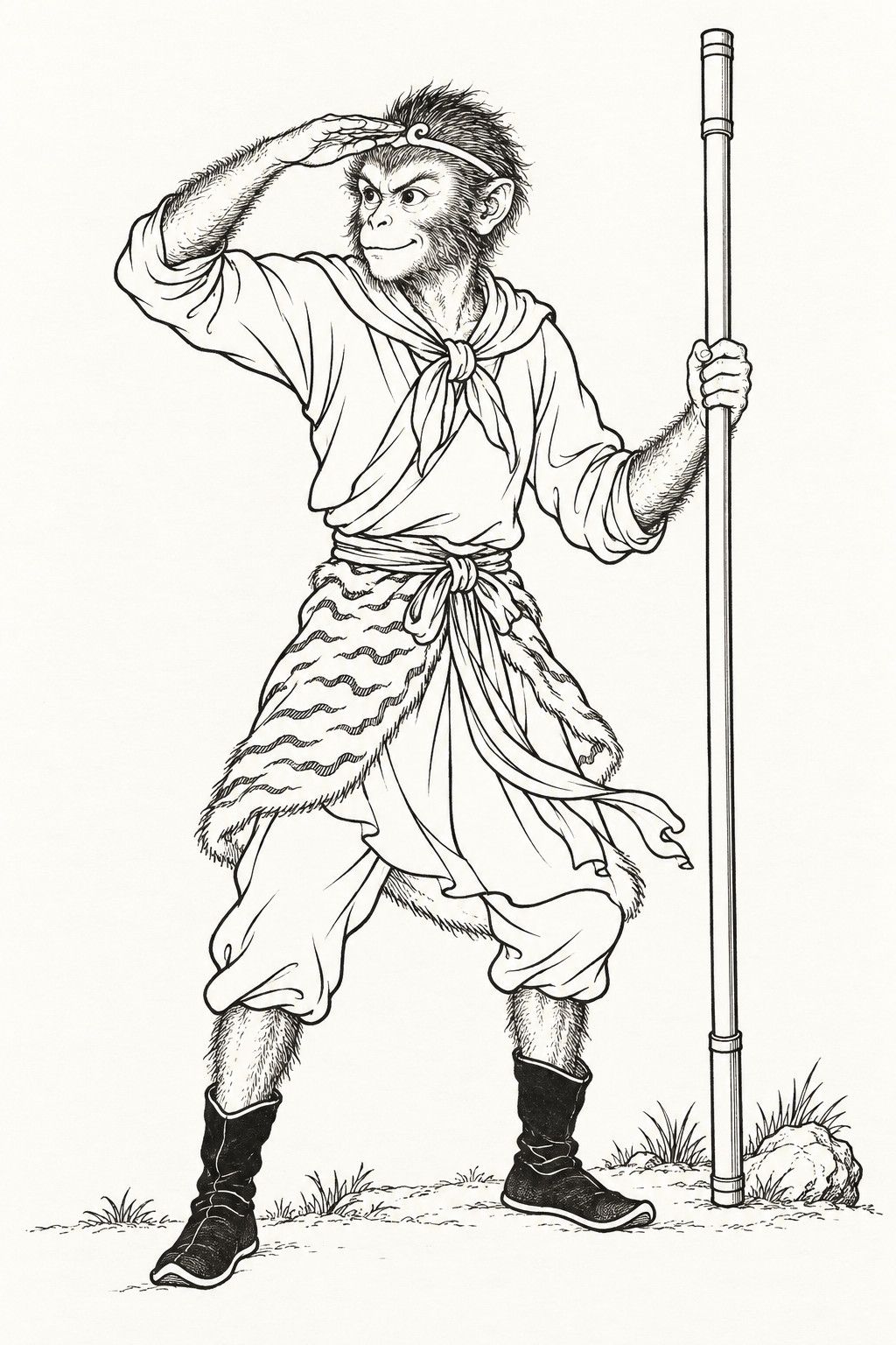 A line drawing in the manner of the character portraits of late-Qing lithographed novels: Sun Wukong, the Monkey King, stands full-length as a pilgrim, a lean, quick-eyed monkey with a thin band round his head, a short belted tunic and a tiger-skin kilt, one hand shading his eyes as he peers into the distance, the other gripping a tall iron staff planted beside him.
