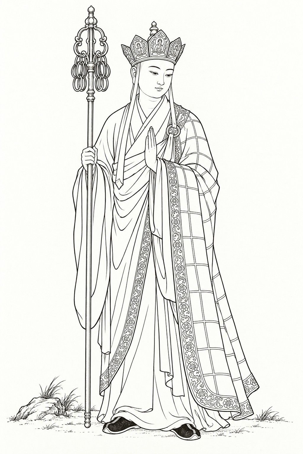 A line drawing in the manner of the character portraits of late-Qing lithographed novels: Tang Sanzang, the monk sent to fetch the scriptures, stands full-length, a serene young monk in a five-leaf crown and a long robe with a patchwork kasaya over one shoulder, a nine-ringed staff in one hand and the other raised palm-up before his chest in greeting.