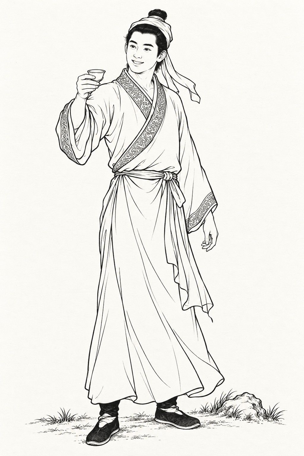 A line drawing in the manner of the character portraits of late-Qing lithographed novels: Wang Liulang stands full-length, a cheerful youth with his hair in a topknot under a headband with trailing ends, in a crossed-collar robe with embroidered borders tied with a sash, smiling as he raises a small wine cup in one hand and lets the other hang relaxed.