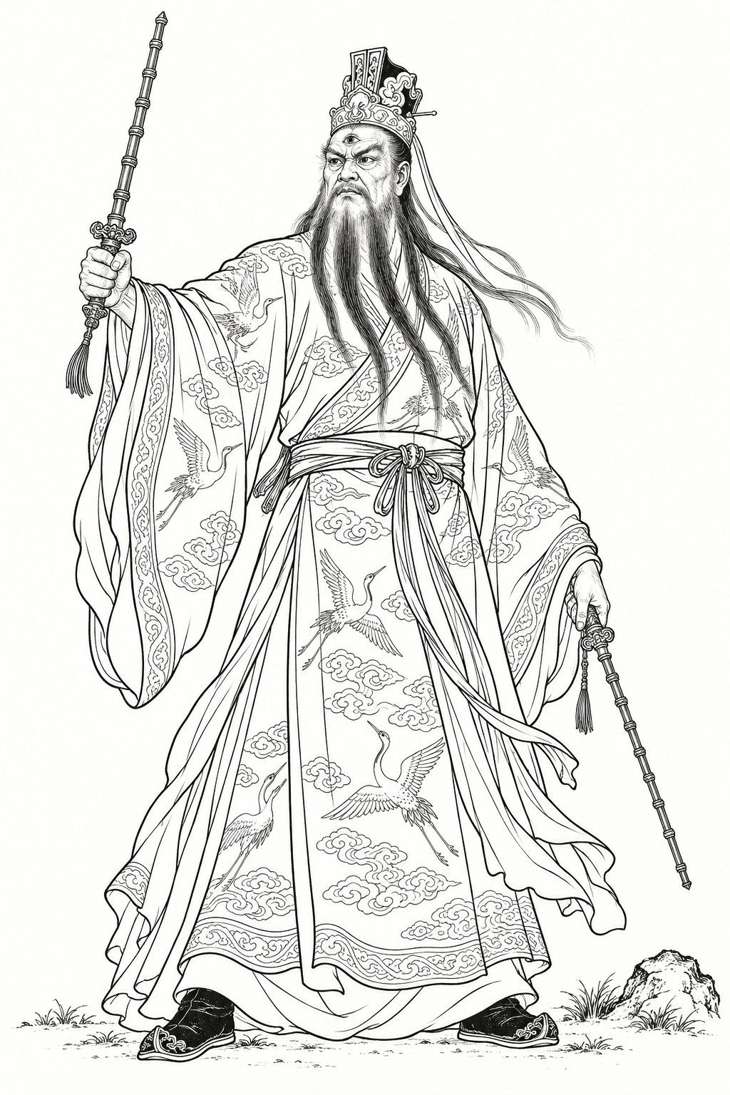 A line drawing in the manner of the character portraits of late-Qing lithographed novels: Grand Preceptor Wen stands full-length, a tall, stern old man with a third eye upright in his forehead and a long beard in five strands streaming back over his shoulder, in a tall crown carved with clouds and a wide-sleeved robe embroidered with cranes and clouds, one hand raising a jointed metal whip and the other holding the second whip lowered at his side.