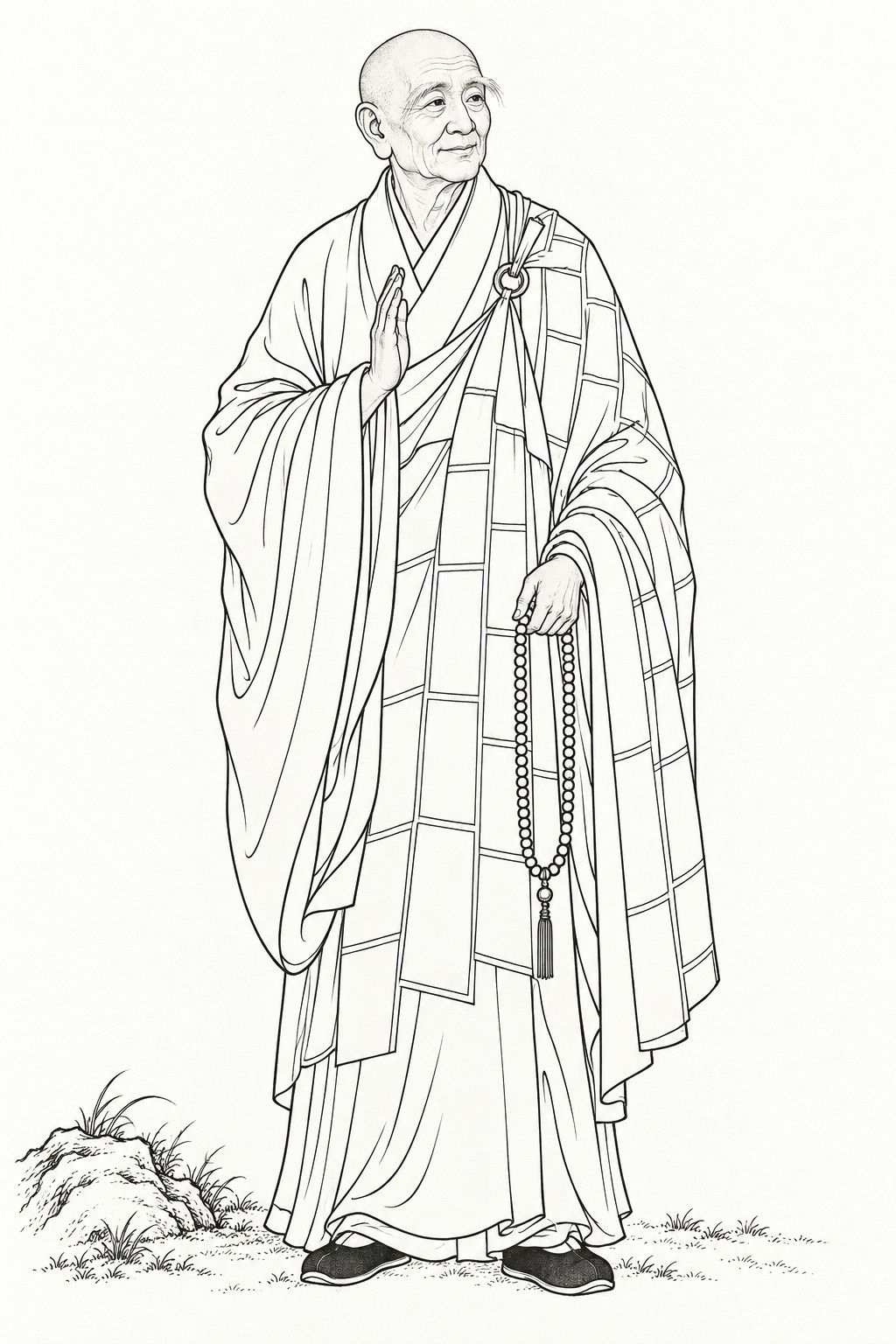 A line drawing in the manner of the character portraits of late-Qing lithographed novels: Abbot Xingkong stands full-length, a bald old monk with a gentle, knowing smile in a patchwork robe draped over a long under-robe, one hand raised before his chest with the palm open and a long string of prayer beads hanging from the other.