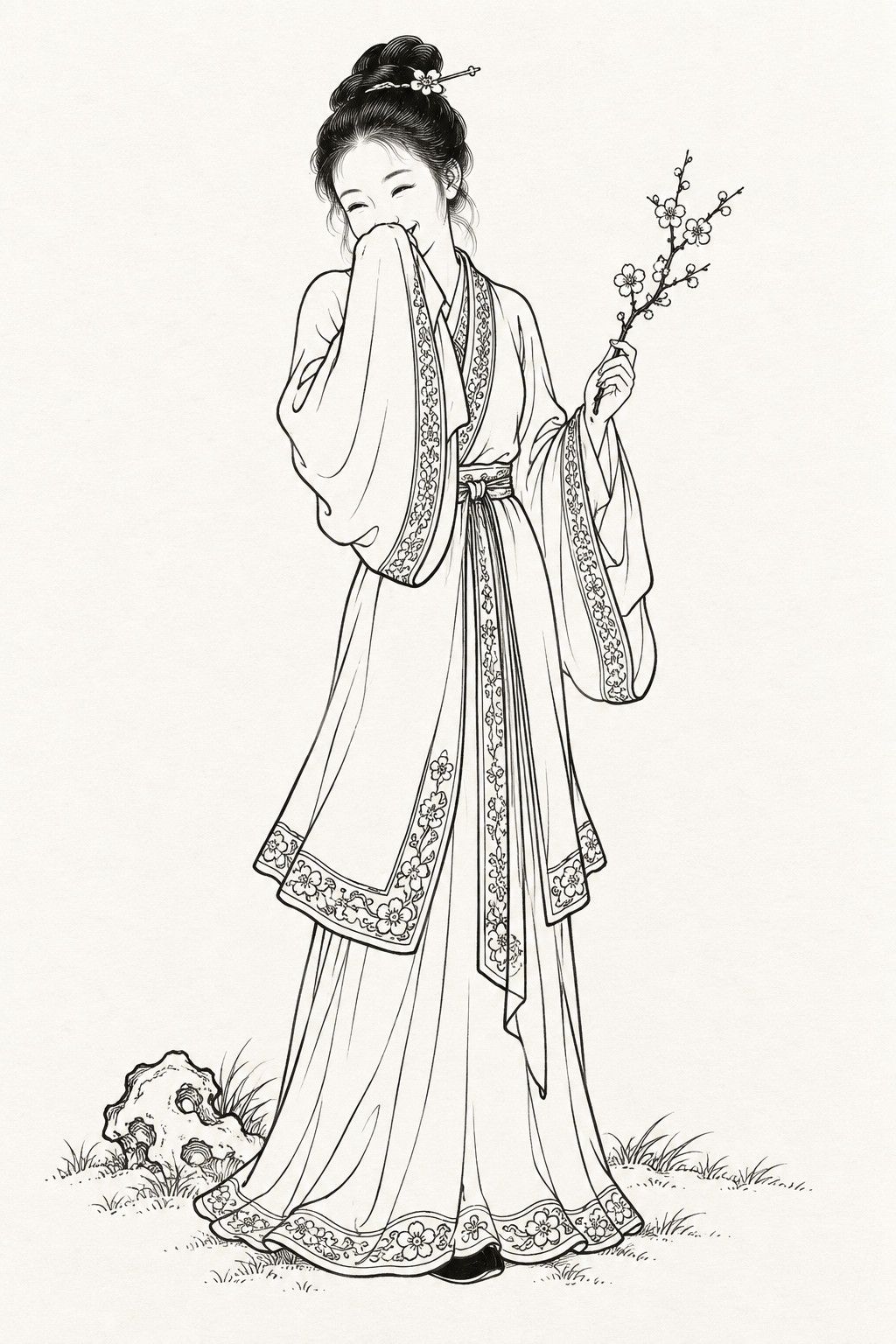 A line drawing in the manner of the character portraits of late-Qing lithographed novels: Ying Ning stands full-length, a girl with her hair in a high knot and a flowered hairpin, in a wide-sleeved robe over a long skirt, laughing so hard that she hides her mouth behind her sleeve, a sprig of plum blossom in her other hand.