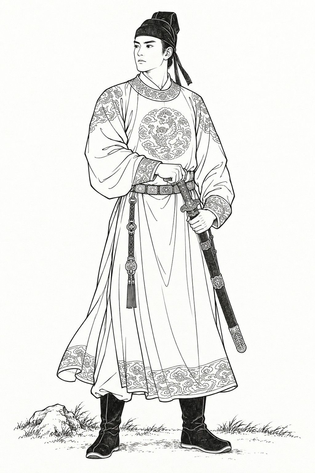 A line drawing in the manner of the character portraits of late-Qing lithographed novels: Zhan Zhao, the Southern Hero, stands full-length as a guard of the Kaifeng court, a young, clean-shaven swordsman in a soft black cap and a belted round-collared robe, his hands on the sword at his hip.