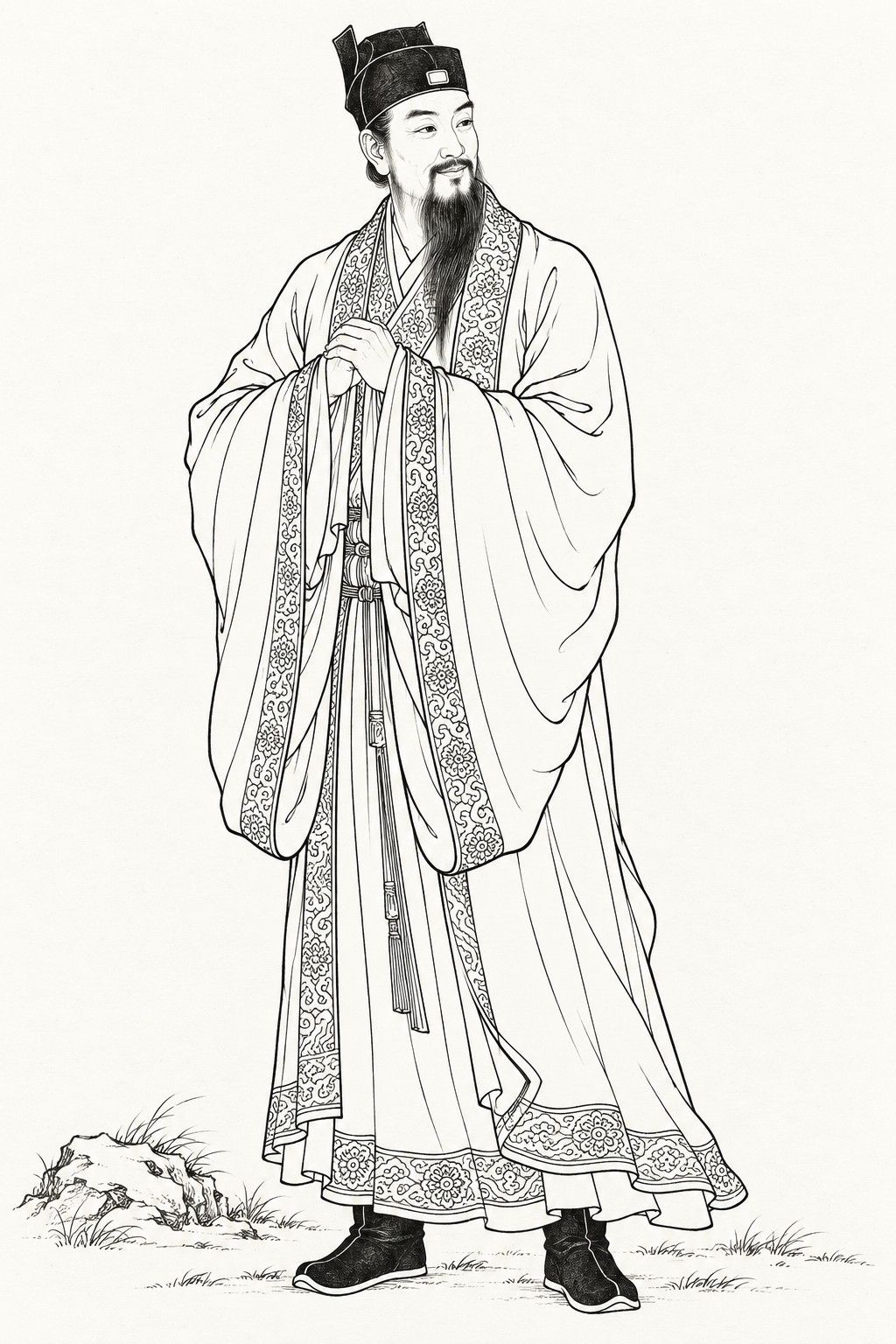 A line drawing in the manner of the character portraits of late-Qing lithographed novels: Zhao Wenhui stands full-length, a courteous gentleman with a long beard in a square-topped gauze cap and wide-sleeved robes with embroidered borders, his hands joined before his chest in a respectful bow.