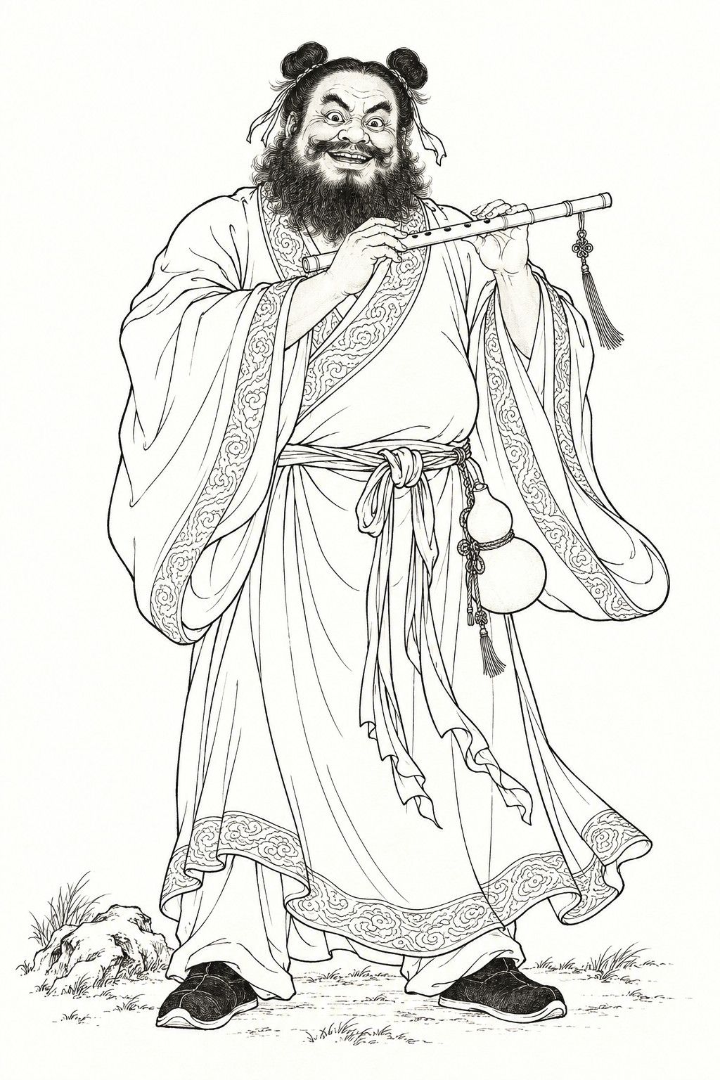 A line drawing in the manner of the character portraits of late-Qing lithographed novels: Zhongli Quan stands full-length as a Daoist immortal, a big, burly man with a large round head, bulging eyes, a wide grinning mouth and a thick bushy beard, his hair in two round knots, in a wide-sleeved gauze robe tied with a sash and a gourd at his hip, holding a long flute crosswise before his chest as if about to play.