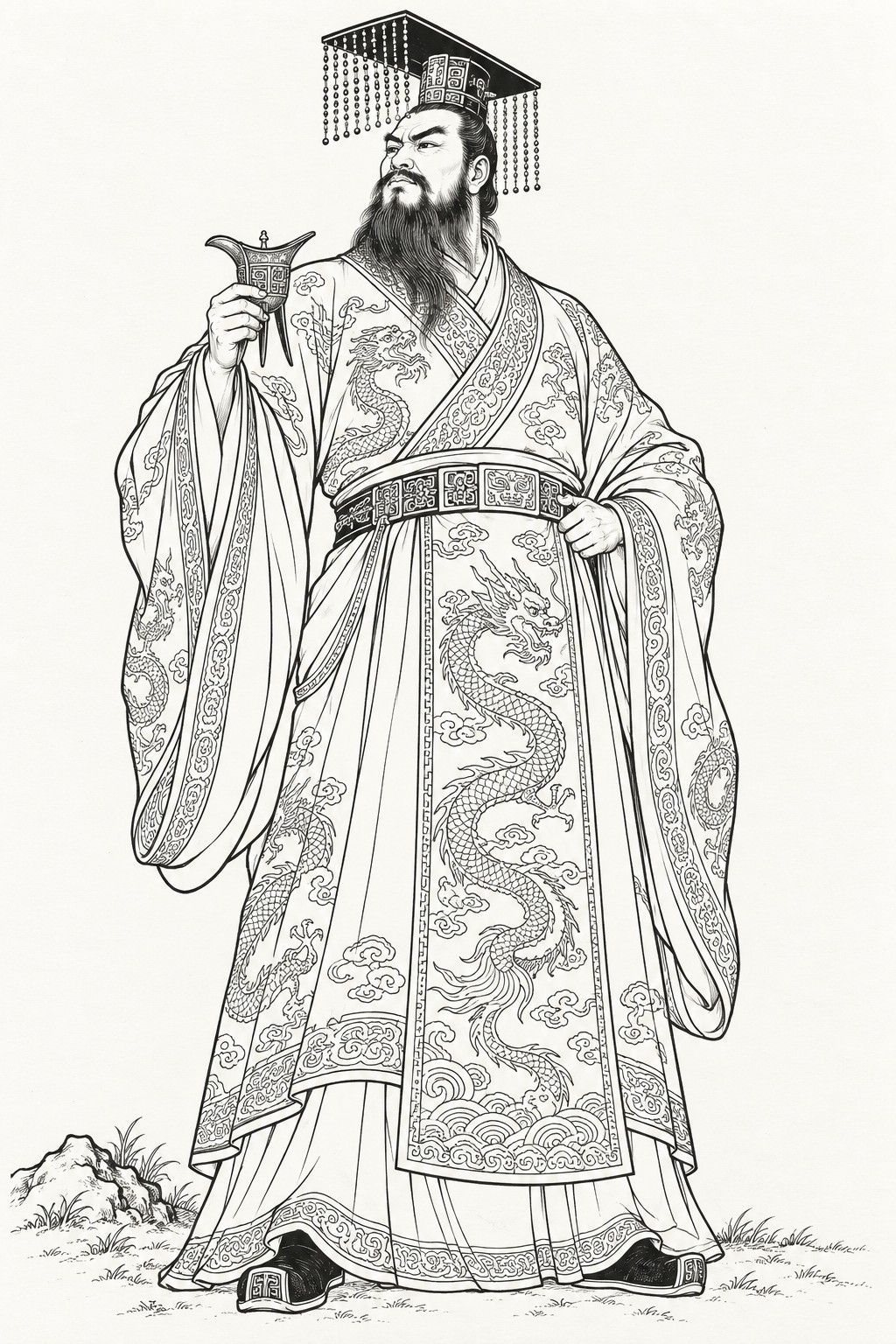 A line drawing in the manner of the character portraits of late-Qing lithographed novels: King Zhou, the last king of the Shang, stands full-length in a flat-topped crown hung with strings of beads and a wide-sleeved robe coiled with dragons, a tall, powerfully built man with a long full beard and his head held high, one hand raising a three-legged bronze wine cup while the other rests on his belt.