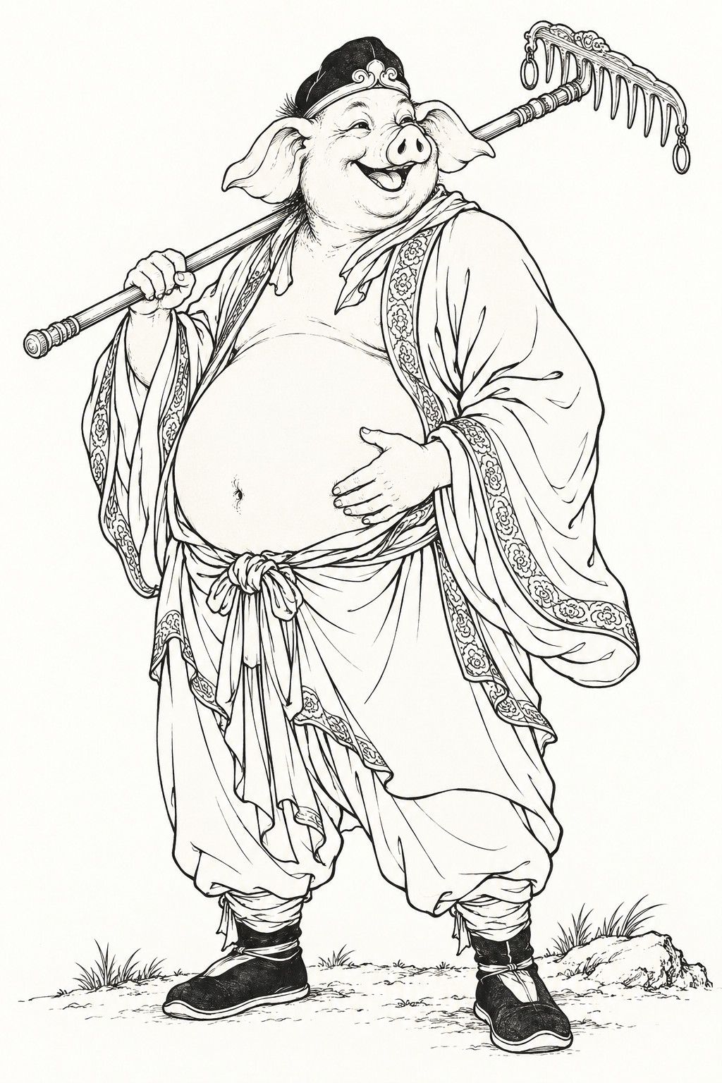 A line drawing in the manner of the character portraits of late-Qing lithographed novels: Zhu Bajie stands full-length, a jolly pig-headed pilgrim with big ears, a broad grin and a great round belly, in a loose monk’s tunic and wide trousers, a nine-toothed rake resting on his shoulder and one hand patting his belly.